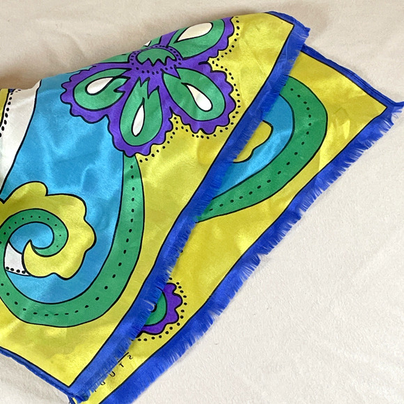 Oscar De La Renta 100% Silk Scarf Vtg Vivid Bright Pattern Blue Purple Green - Picture 8 of 12